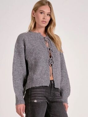 ELAN Tie Front Elan Sweater in Gray Size Large